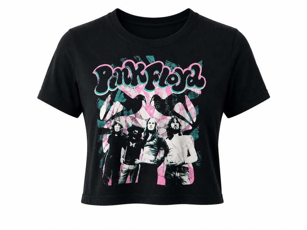 Pink Floyd Women's Black Cropped Graphic Band T-Shirt Retro Psychedelic Rock Tee